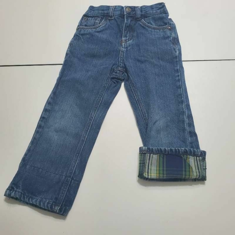 Cherokee Boys Straight Leg Jeans Blue Plaid Lined Cuffed Hem Pockets 24 Mos